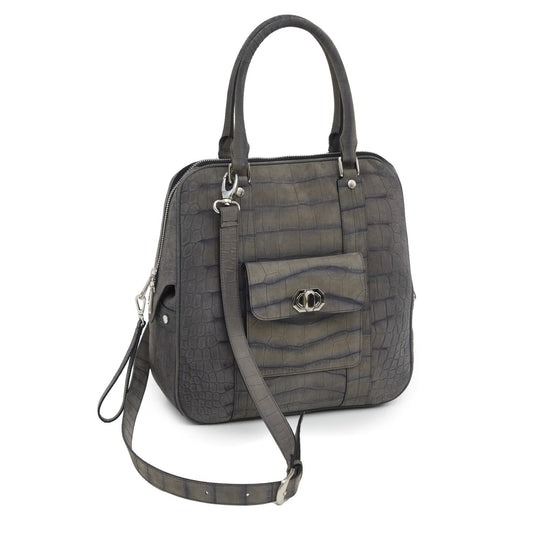 Croco Texture Leather Tote Handbag Grey Medium