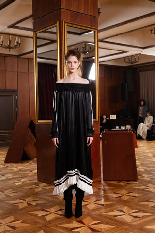 Knit Bare Shoulder Midi Dress Asymmetric Hem Black