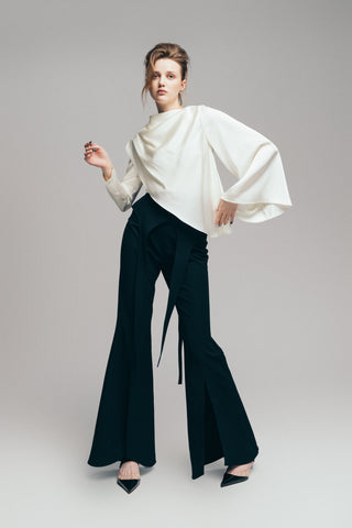 Draped Satin Blouse With Asymmetrical Sleeve Ivory