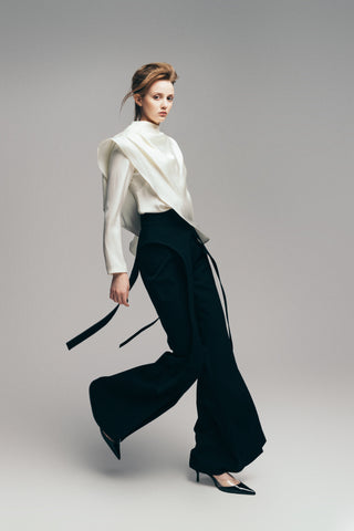 Draped Satin Blouse With Asymmetrical Sleeve Ivory