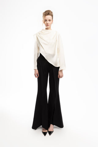 Draped Satin Blouse With Asymmetrical Sleeve Ivory