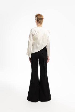 Draped Satin Blouse With Asymmetrical Sleeve Ivory