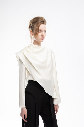 Draped Satin Blouse With Asymmetrical Sleeve Ivory