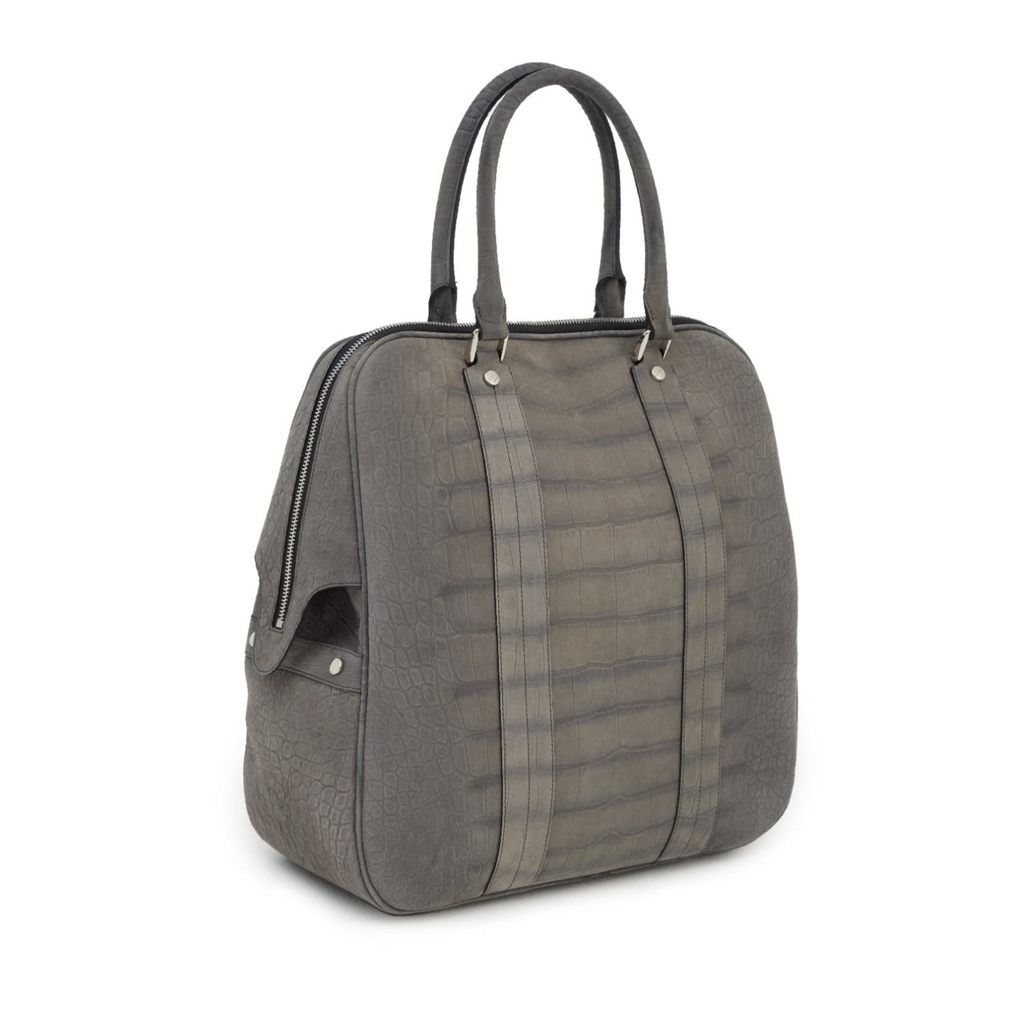 Croco Texture Leather Tote Handbag Grey Large