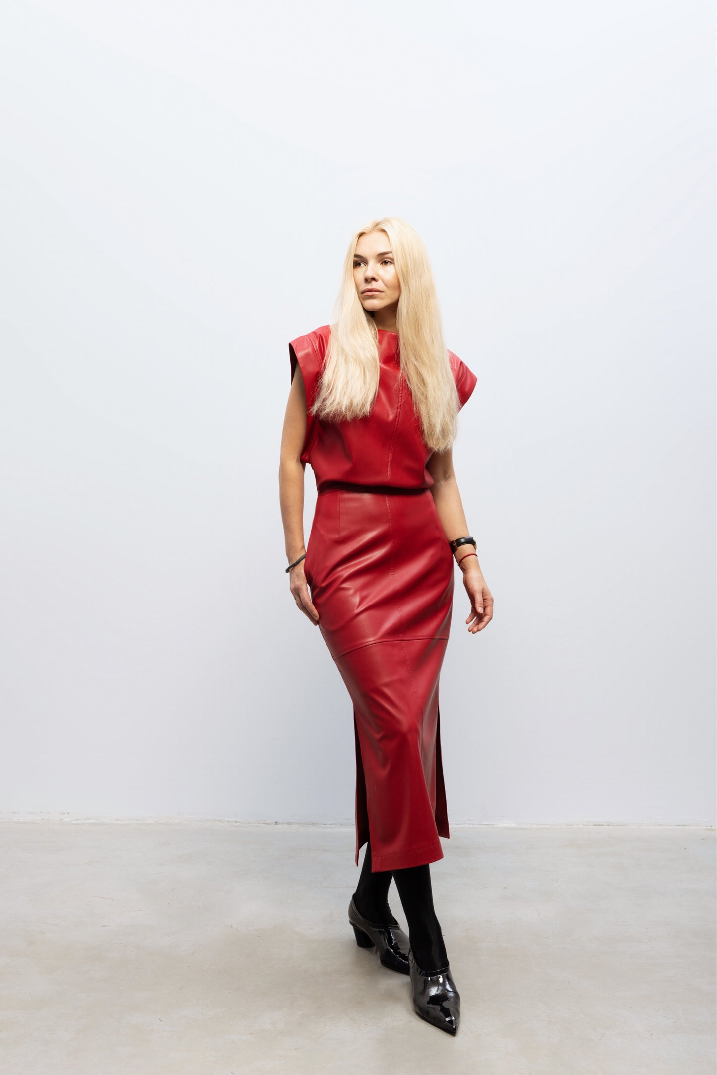 Stylish Sleeveless Faux Leather Dress Red