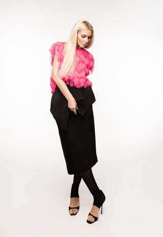 Designer Midi Straight Skirt With Wrap Detail Black