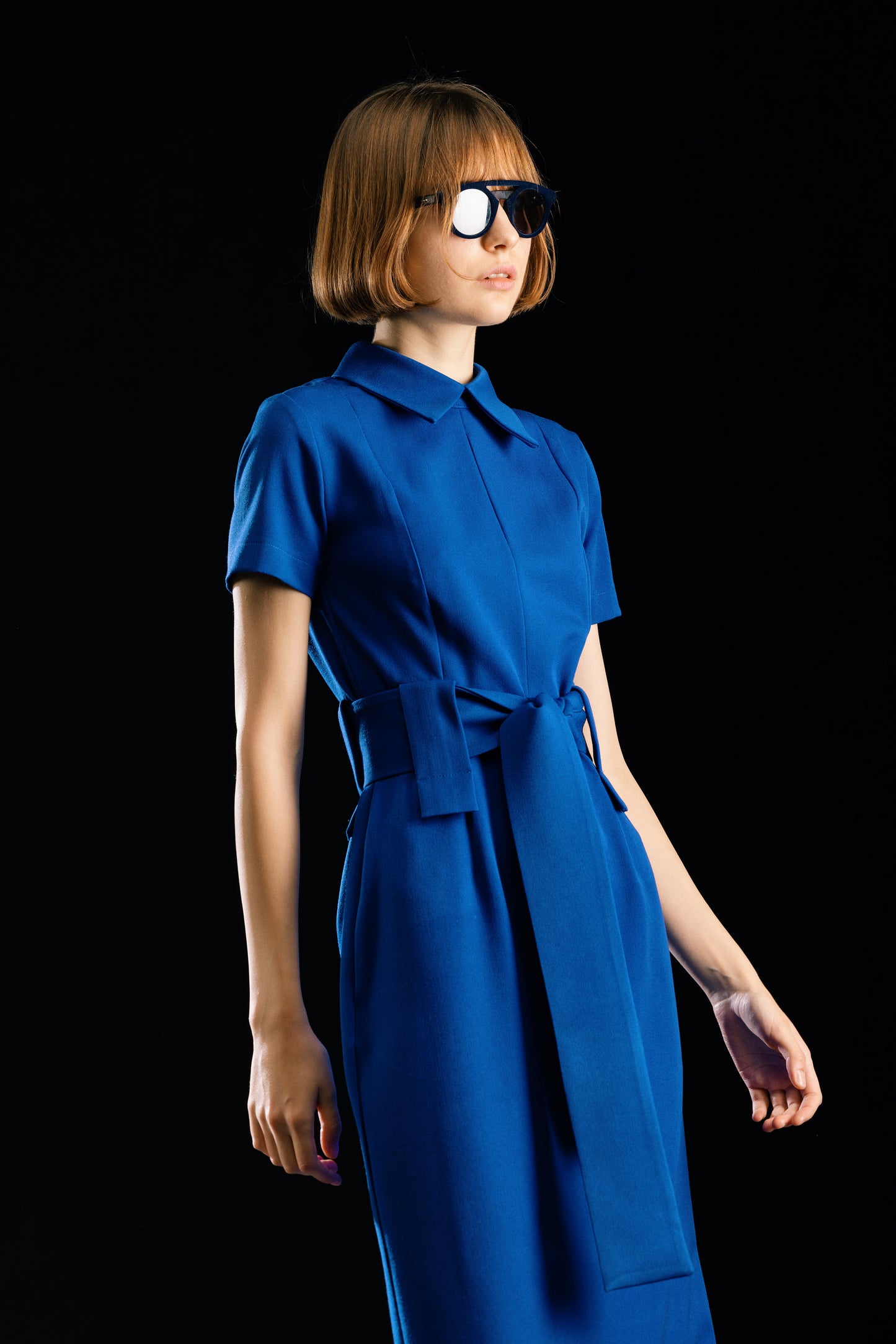 Midi Dress With Belt- Blue