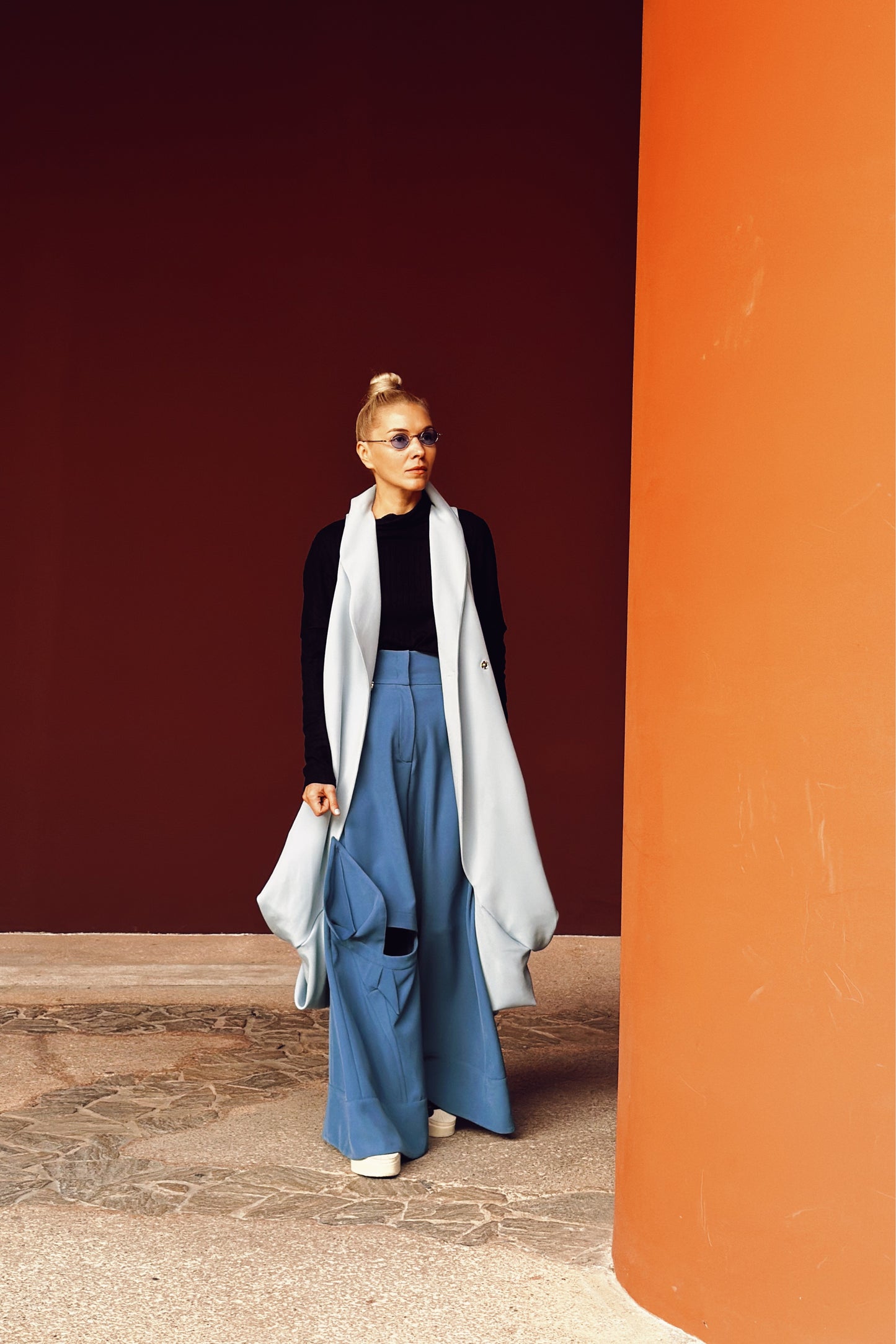Wide Flared Trousers With Calla Flower Pale Blue