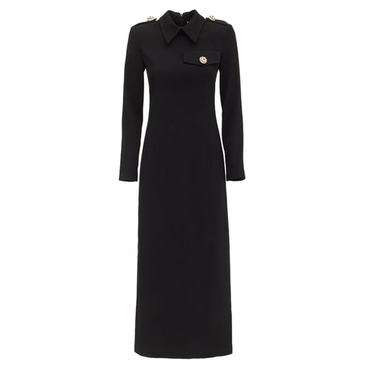 Fitted Long Sleeve Dress With Stand-Up Collar - Black