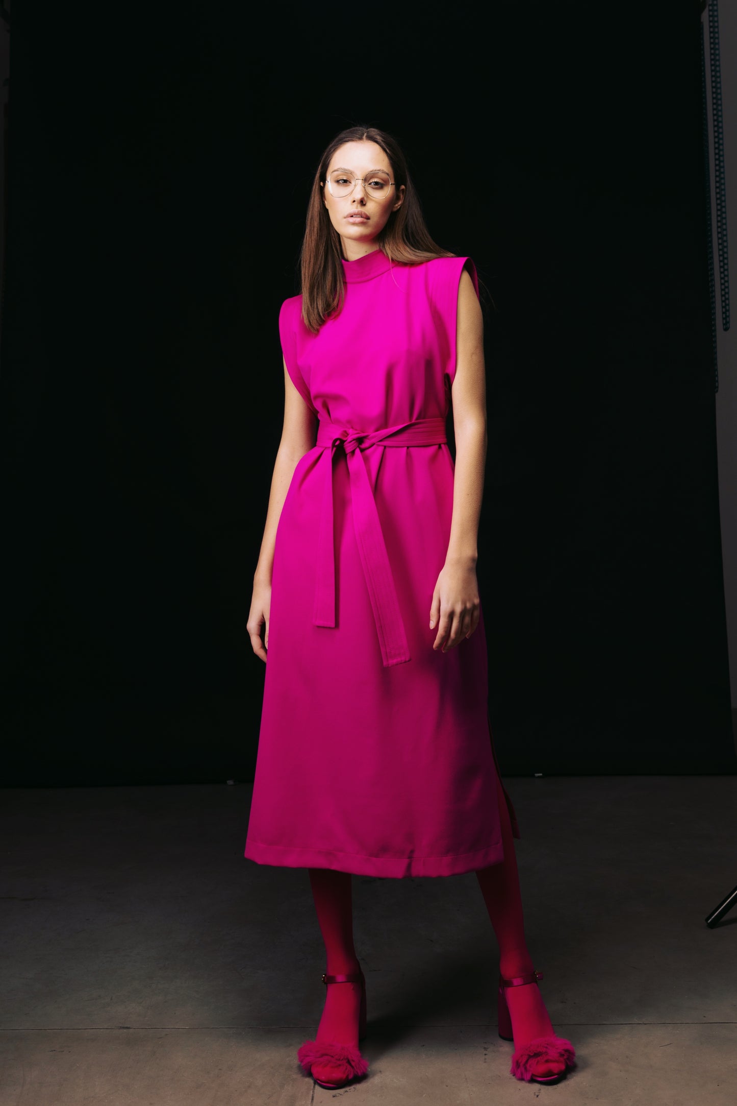Stylish Straight Dress With Belt Pink