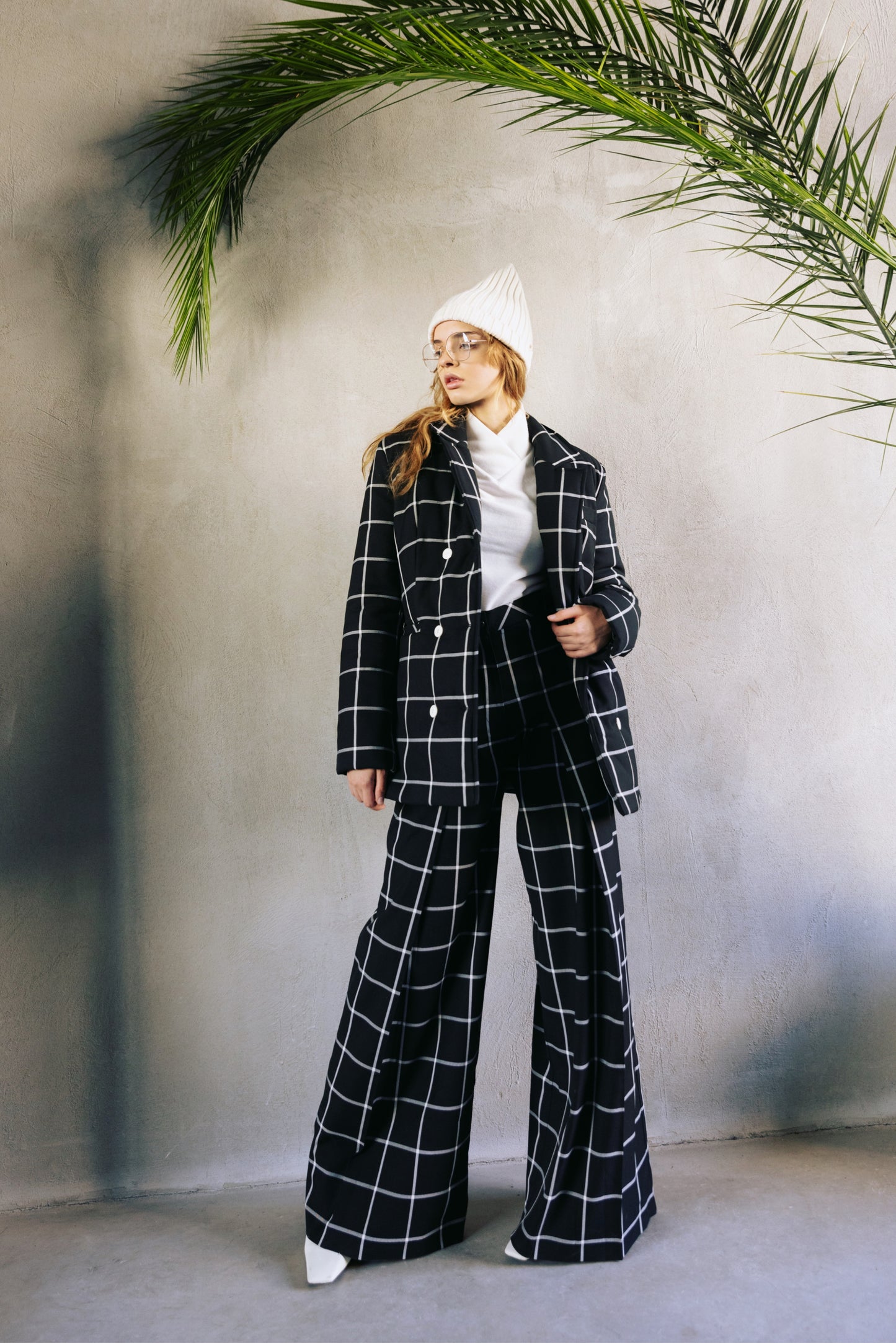 Designer High-Waisted Plaid Trousers