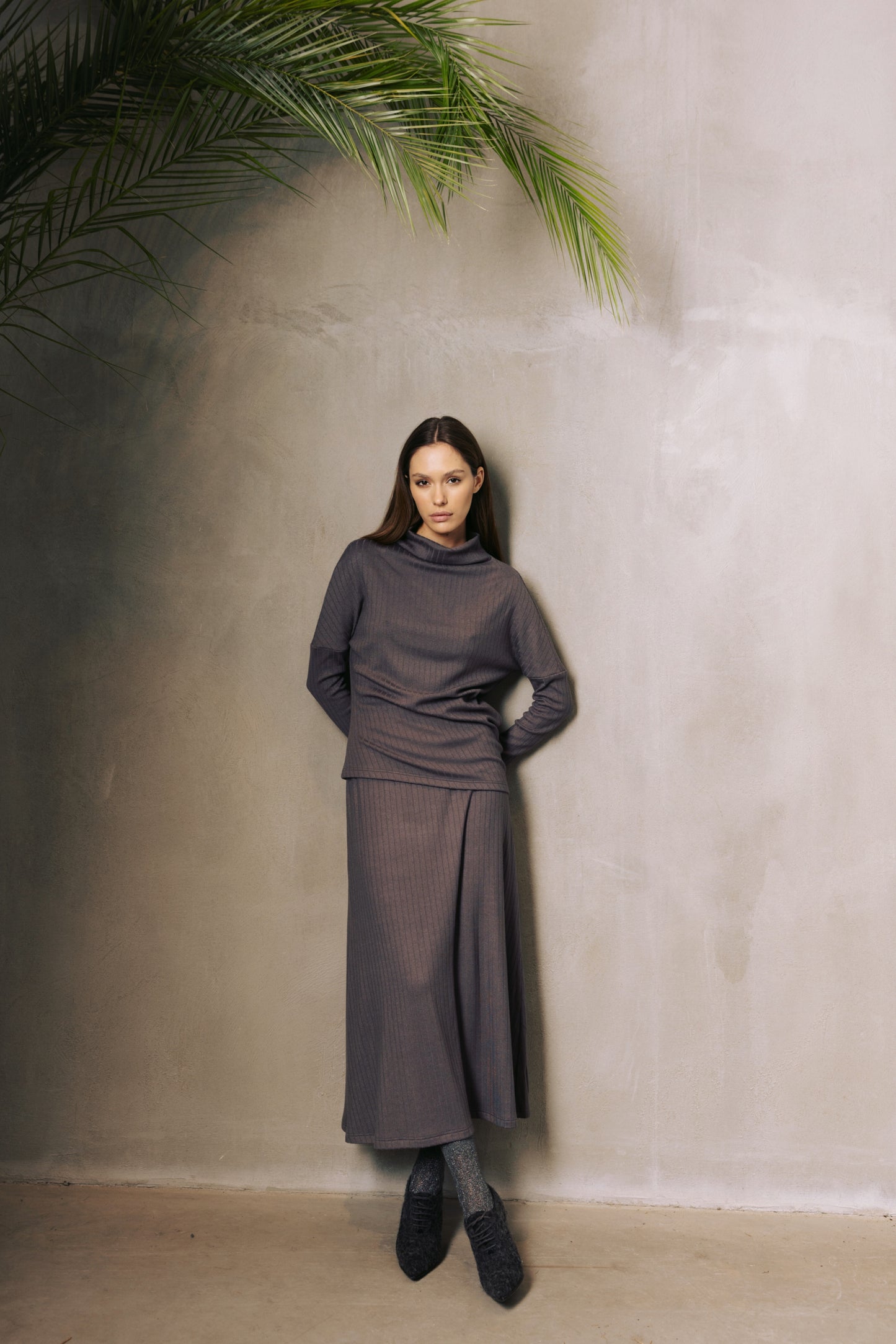 Rib Knit Suit Asymmetric Blouse & Basic Skirt Dark Grey