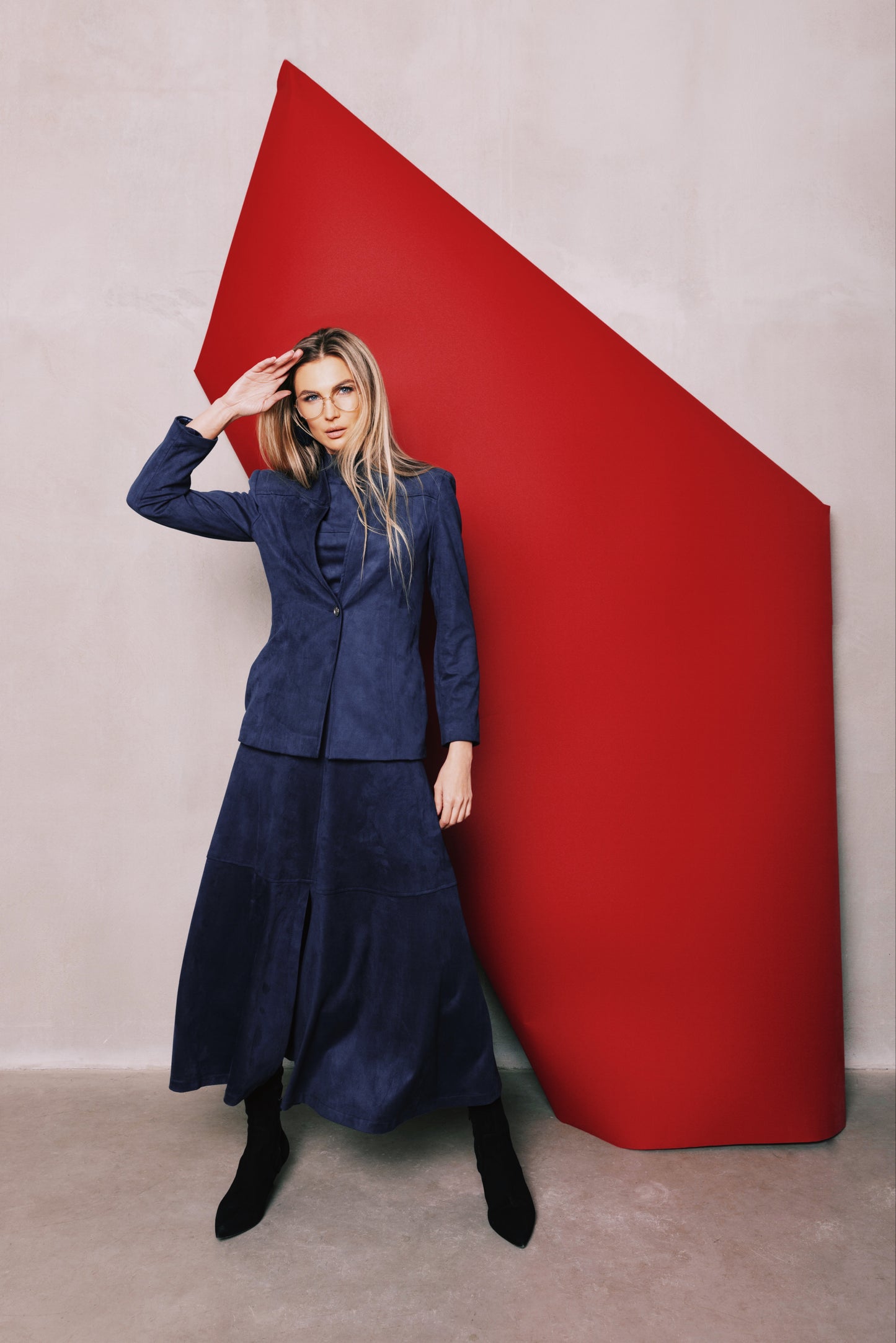 Three-Piece Suit Blazer & Blouse & Skirt Suede Blue