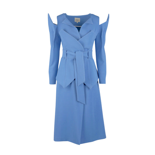 Set - Long Button-Up Dress With Corset Belt Blue