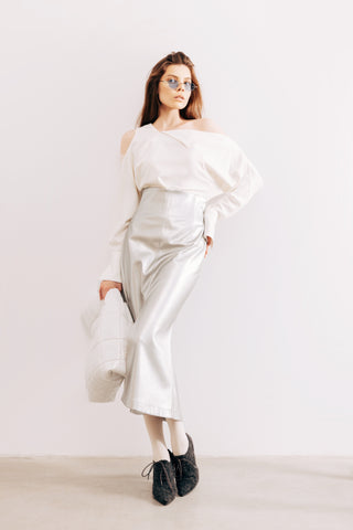 Mermaid Faux Leather Midi Skirt With Slit - Silver