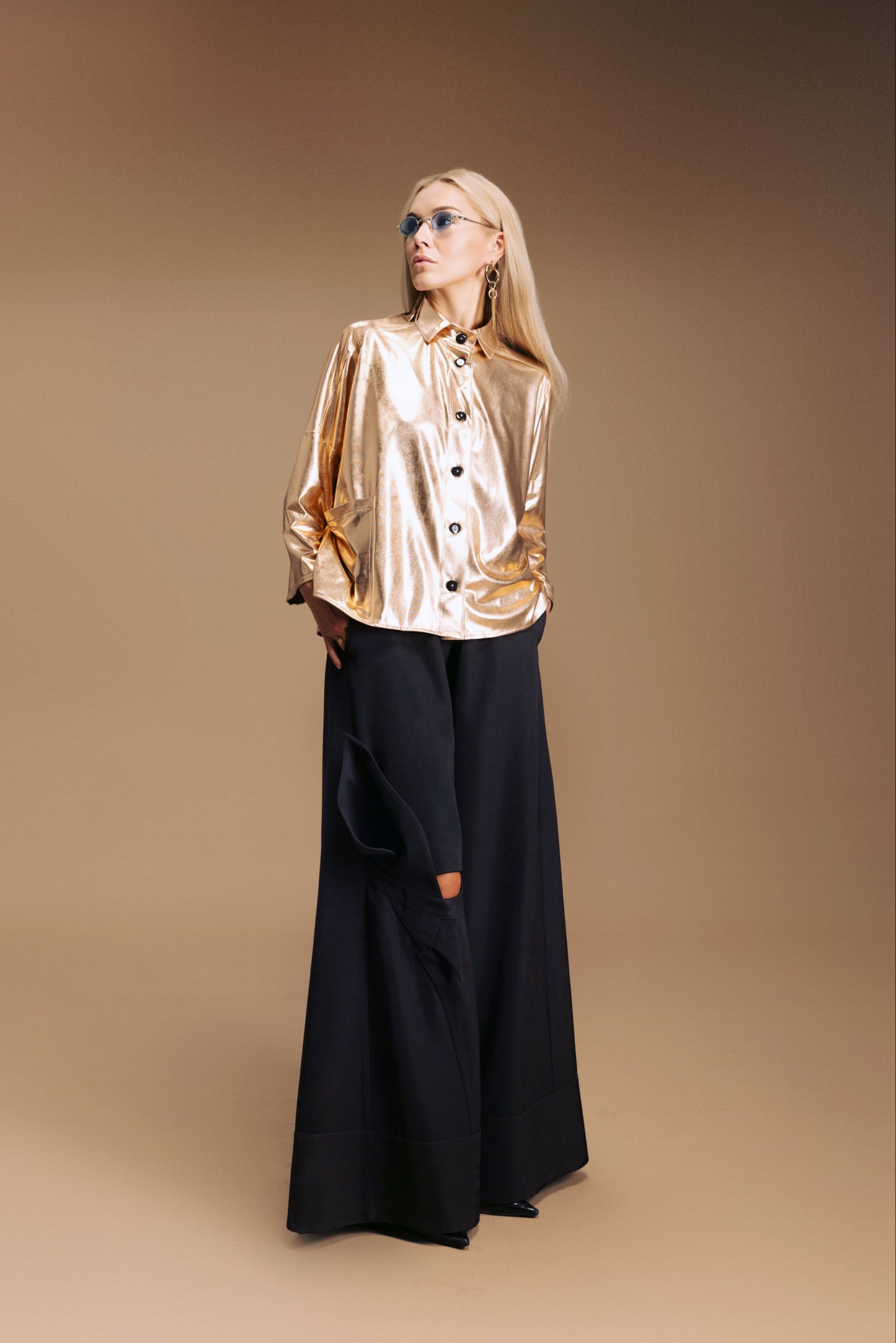 Wide Flared Trousers With Calla Flower Black
