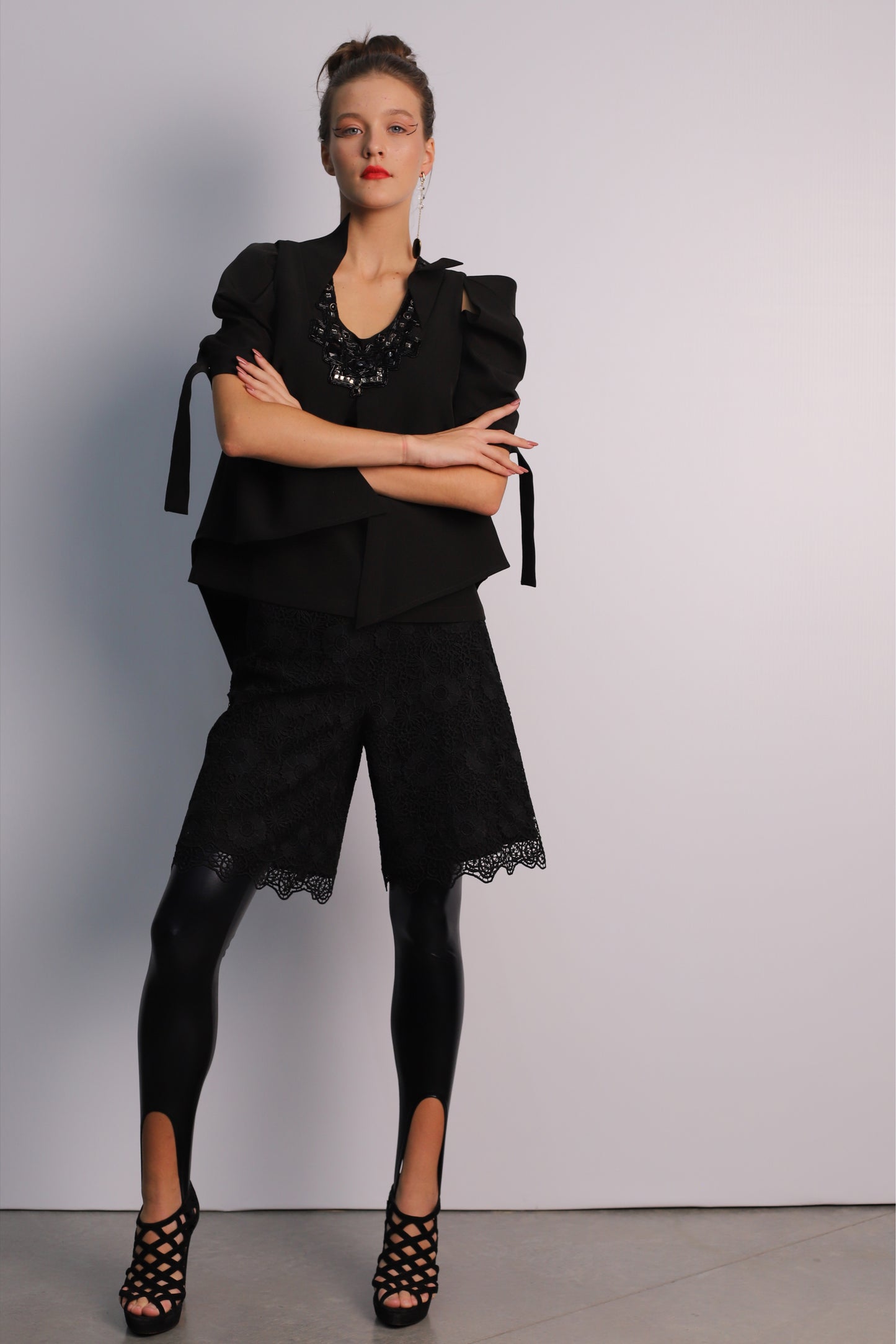 Elegant High-Waisted Black Lace Bermuda Shorts