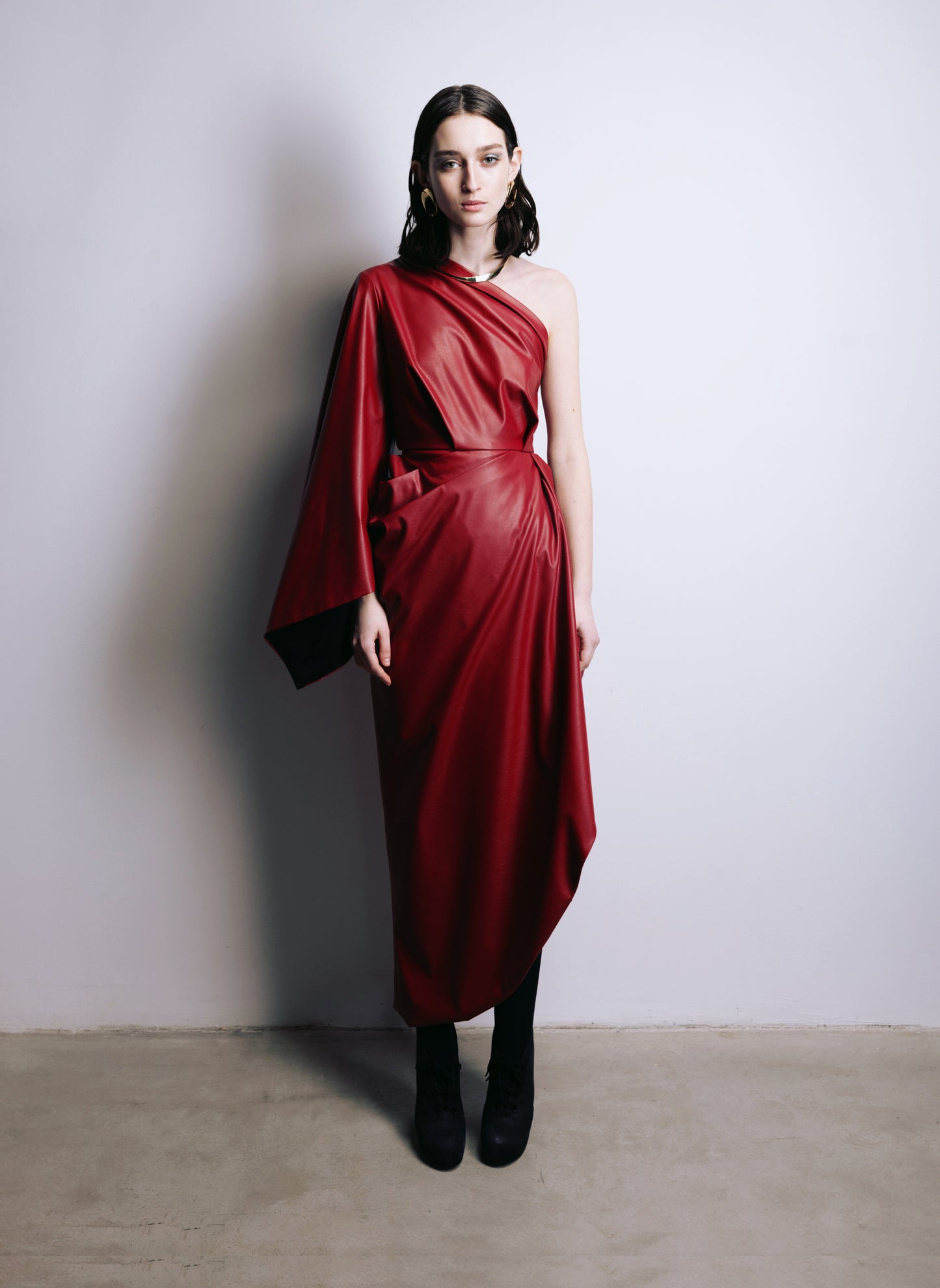 Designer Soft Faux Leather Midi Dress Red