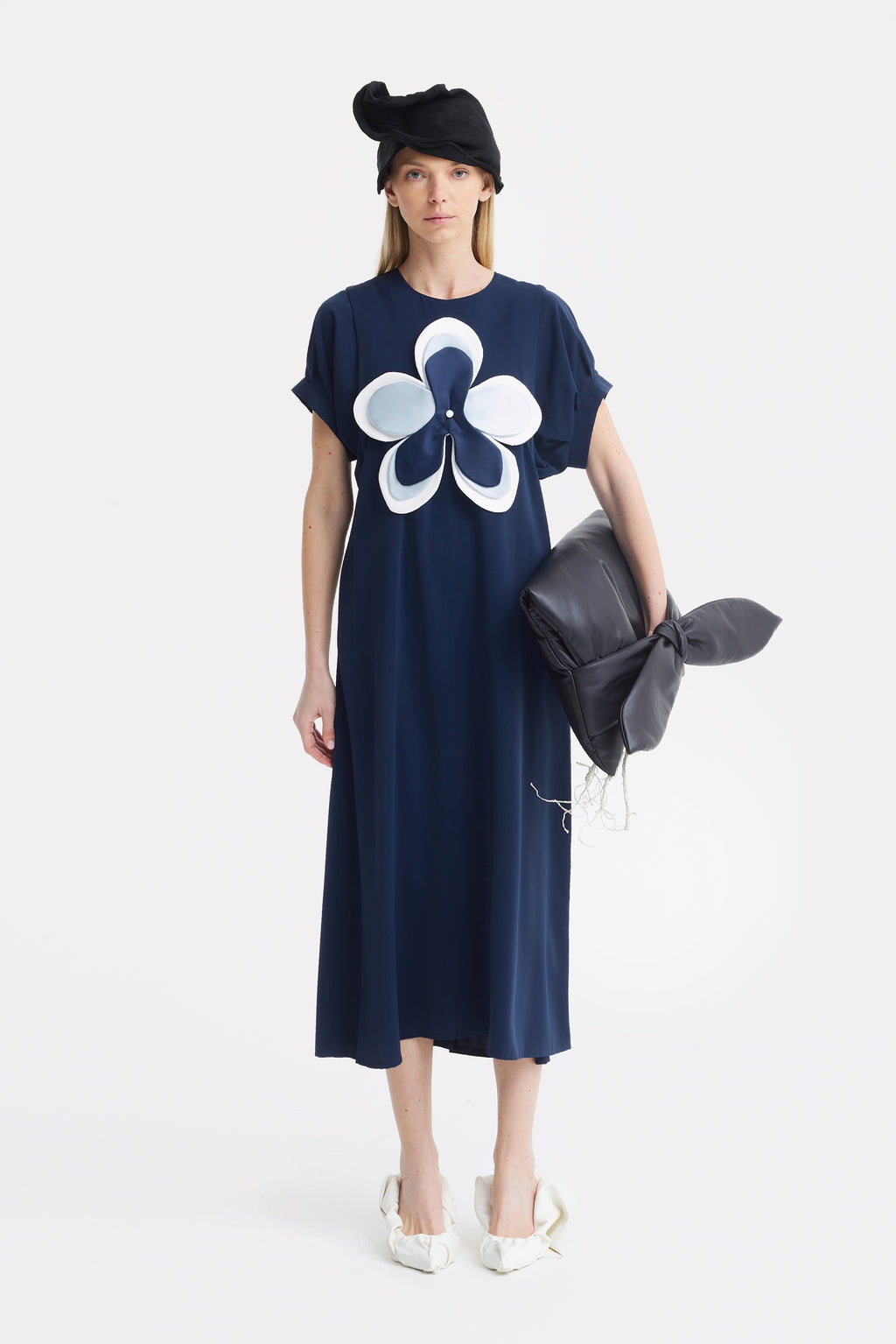 floral applique dress blue Silky Touch Midi Dark Blue Dress With Handmade Floral Appliqué – Julia  Allert