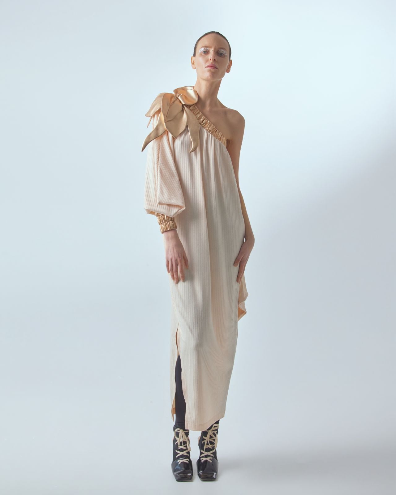 Luxury Elegance One-Sleeve Long Dress Rib Knit Peach