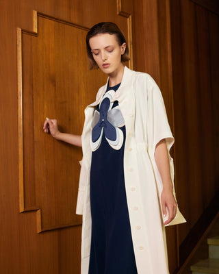 Silky Touch Midi Dark Blue Dress With Handmade Floral Appliqué