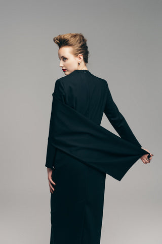 Architectural Cape Sheath Midi Dress Black