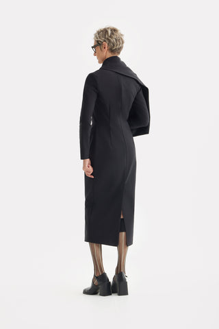 Architectural Cape Sheath Midi Dress Black