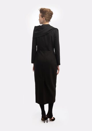 Architectural Cape Sheath Midi Dress Black