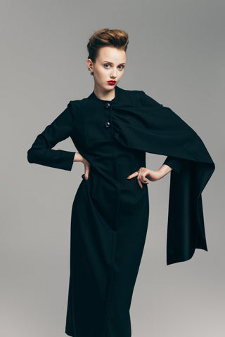 Architectural Cape Sheath Midi Dress Black
