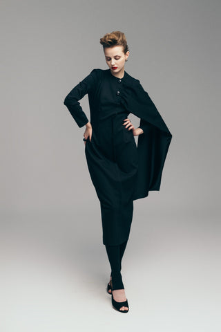 Architectural Cape Sheath Midi Dress Black
