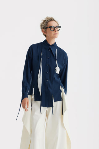 Artistic Asymmetric Textured Viscose Blouse - Navy