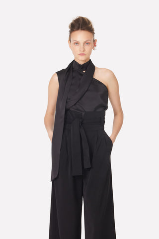 Asymmetrical Satin Top With Choker Collar Black