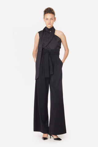 Asymmetrical Satin Top With Choker Collar Black