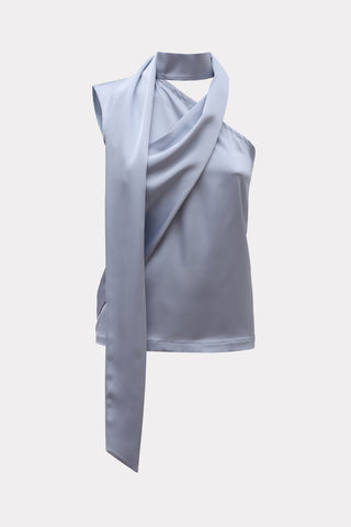 Asymmetrical Satin Top With Choker Collar Light Blue