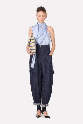 Asymmetrical Satin Top With Choker Collar Light Blue