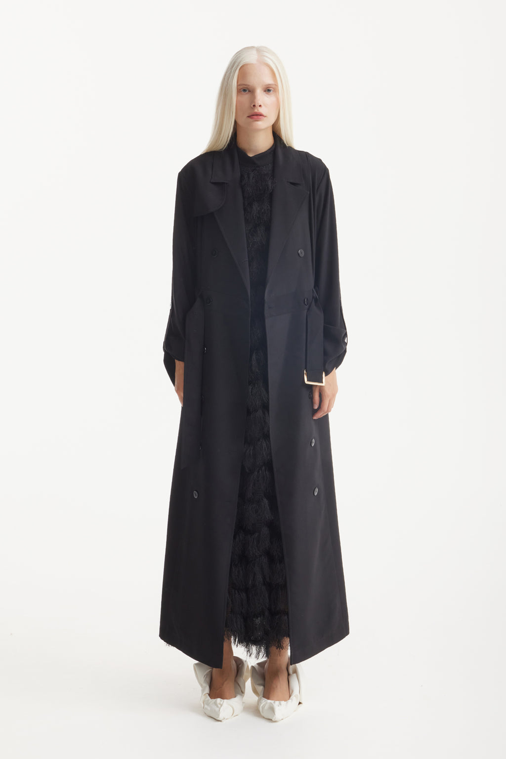 Belted Double-Breasted Trench Dress Black M Belted Double-Breasted Trench Dress Black M