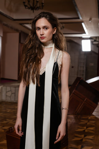 Black Velvet Evening Gown Dress With Lace & Scarf