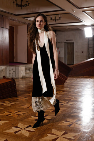 Black Velvet Evening Gown Dress With Lace & Scarf