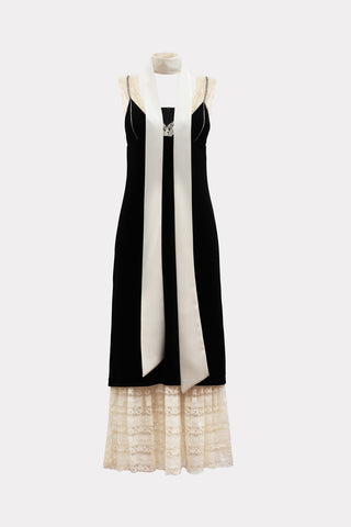 Black Velvet Evening Gown Dress With Lace & Scarf