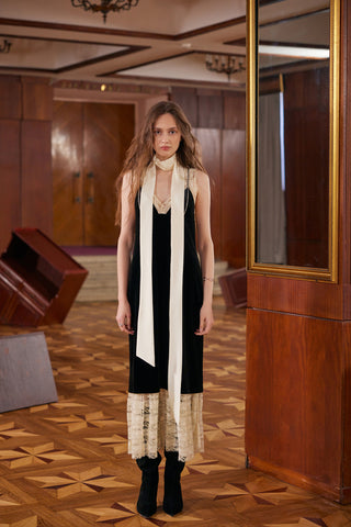 Black Velvet Evening Gown Dress With Lace & Scarf