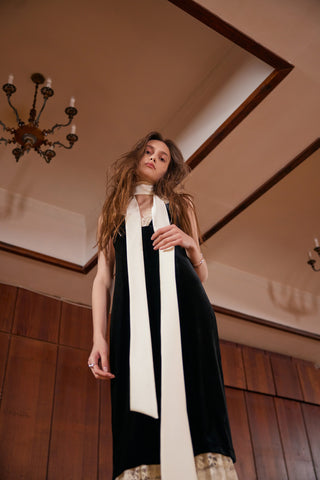 Black Velvet Evening Gown Dress With Lace & Scarf