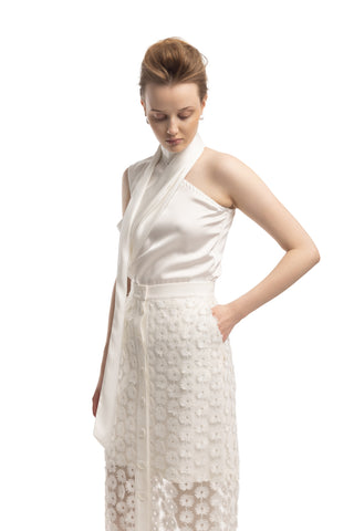 Asymmetrical Satin Top With Choker Collar Ivory