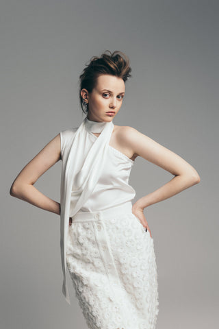 Asymmetrical Satin Top With Choker Collar Ivory