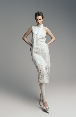 Asymmetrical Satin Top With Choker Collar Ivory