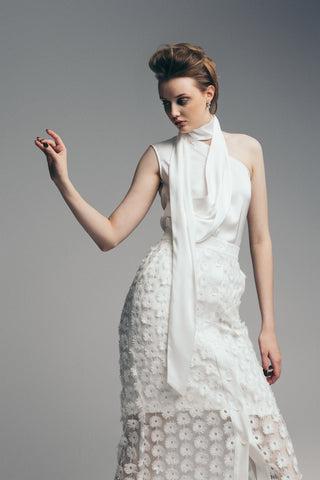 Asymmetrical Satin Top With Choker Collar Ivory