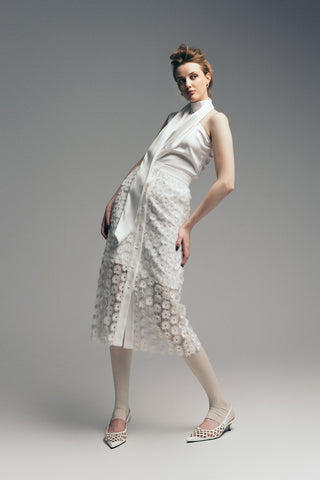 Asymmetrical Satin Top With Choker Collar Ivory