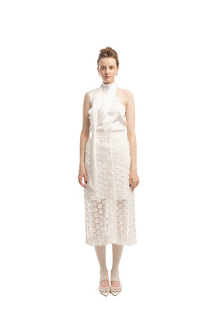 Asymmetrical Satin Top With Choker Collar Ivory