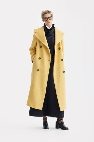 Classic Wool-Blend Double-Breasted Coat – Mustard