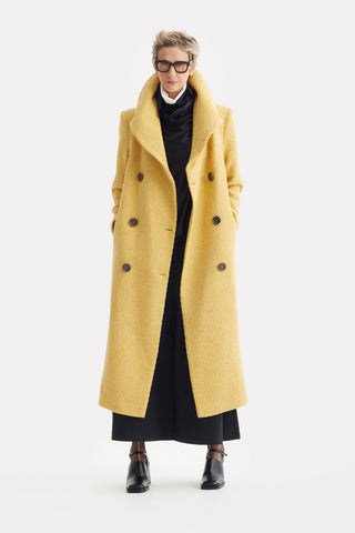 Classic Wool-Blend Double-Breasted Coat – Mustard