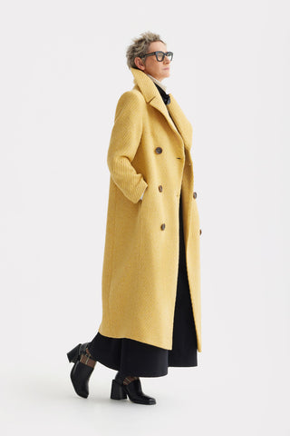 Classic Wool-Blend Double-Breasted Coat – Mustard